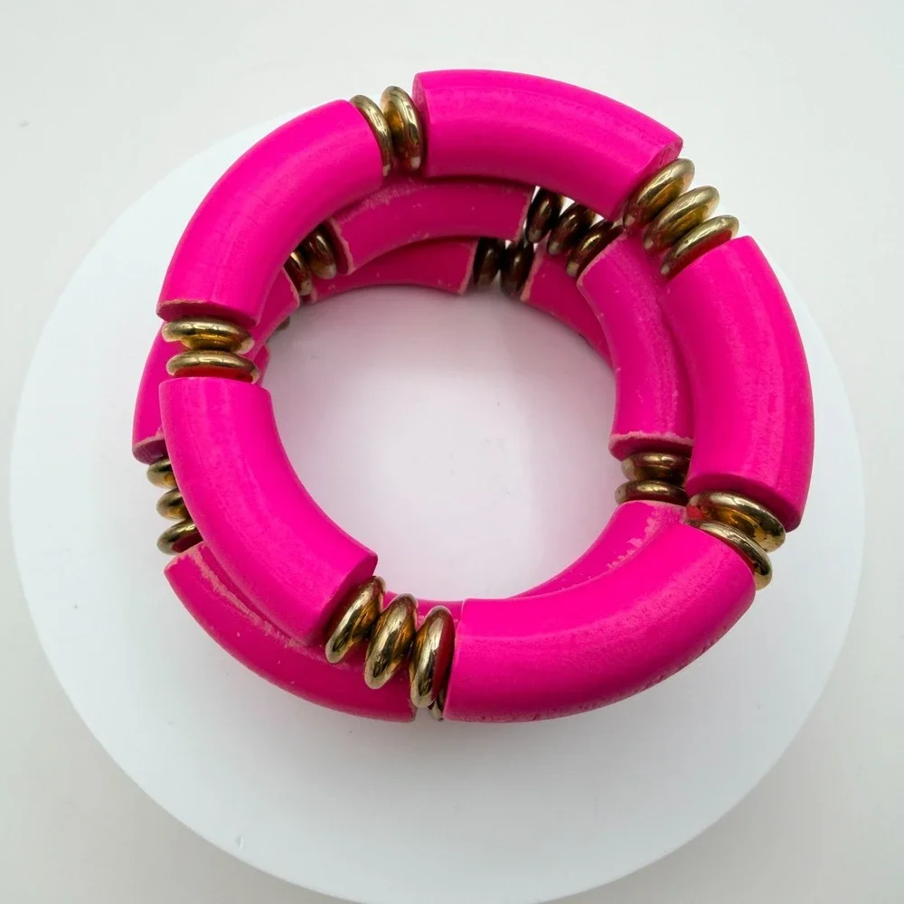 Vintage 90s Hot Pink Tube Beaded‎ Stretch Bracelet Set 3pc Gold Tone Jewelry